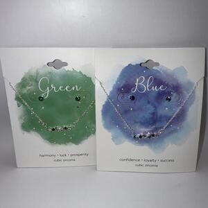 Green Blue CZ Necklace Earring Bundle Confidence Luck Prosperity Loyalty Success